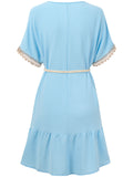 Women's Bohemian Lace V Neck Short Sleeve Ruffled Dress with Waistband