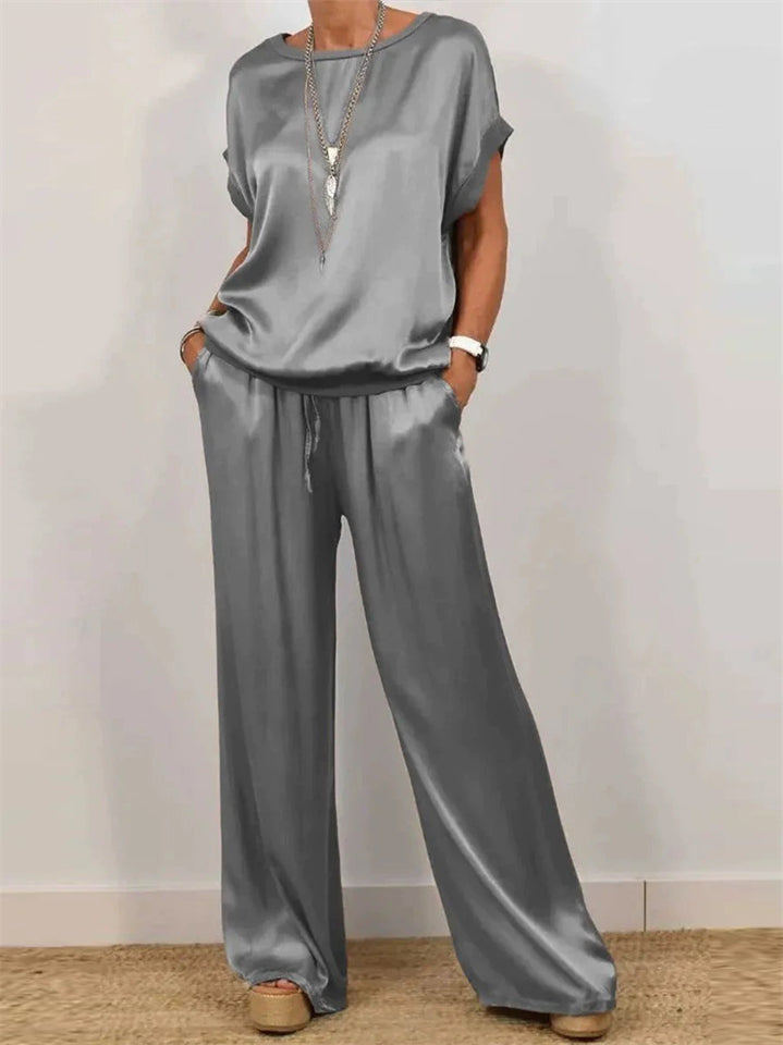 Women's Causal Solid Color Satin Round Neck Shirt &Pants Set