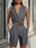 Women's Trendy Gray Solid Color V Neck Lapel Jumpsuits