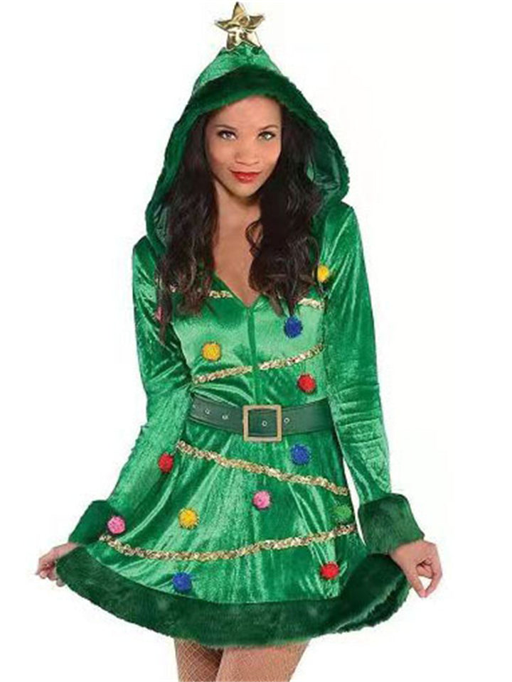 Women's Green Christmas Performance Costume Zip Up Pullover Hooded Dress