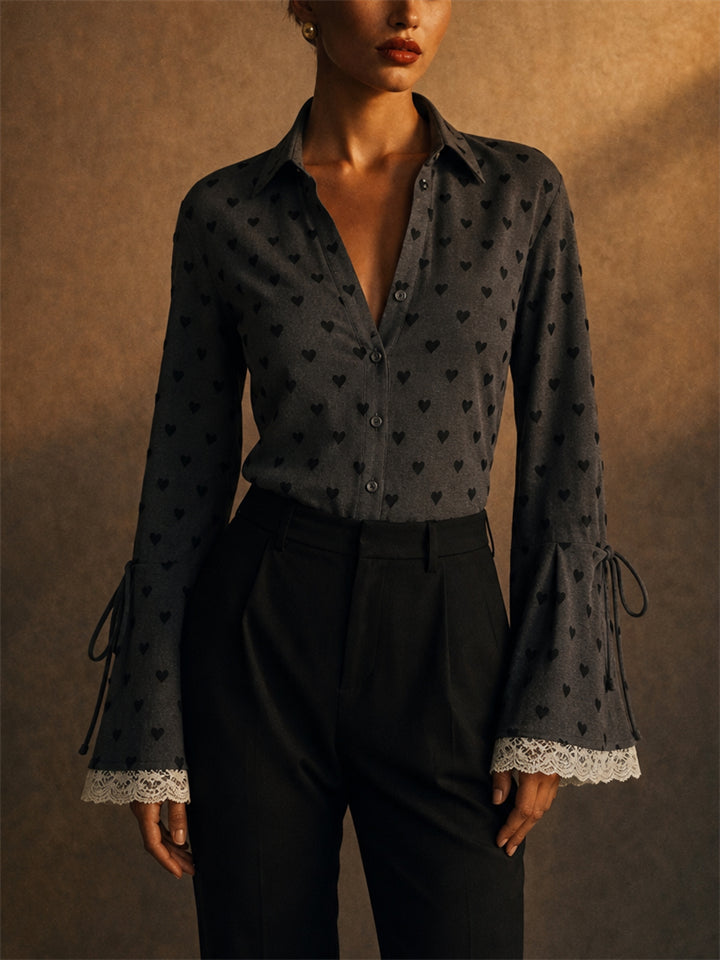 Womens Heart Print Tie Flare Sleeve Lace Trim Button Blouse