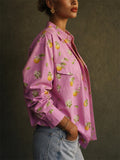 Women Pink Lemon Print Long Sleeve Button Down Pocket Blouses