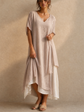 Country Style V Neck Short Sleeve Irregular Hem Dress for Women