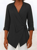 Women's Solid Color V Neck Tie Waist Long Sleeve Blouses