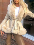 Women's Luxury Fur Collar Slim Fit Leather Coat with Belt
