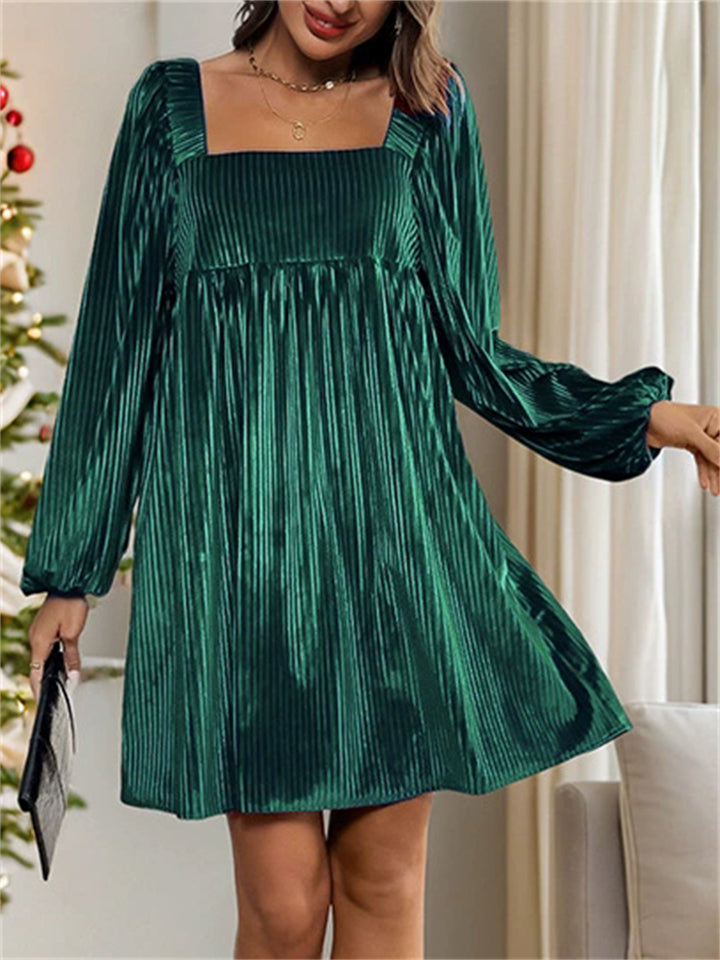Women's Square Collar Long Sleeve Velvet Dress for Christmas
