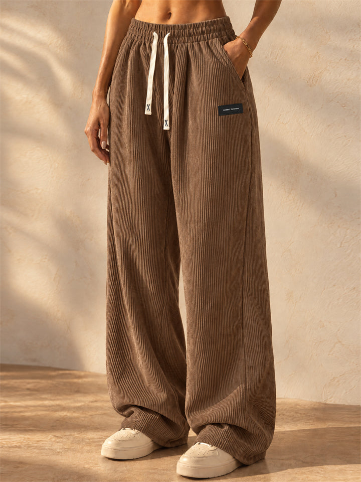 Women Corduroy Wide Leg Drawstring Elastic Waist Loose Fit Pants