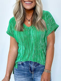 Women's Solid Color Striped V Neck Casual Short Sleeve Shirts