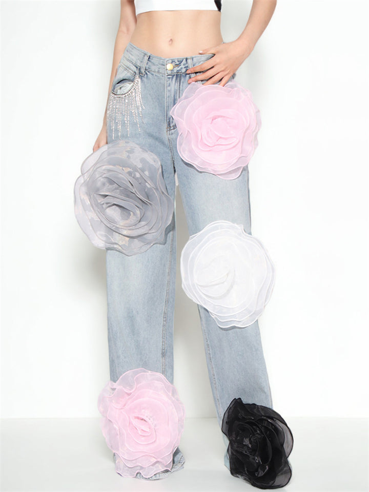 Women's 3D Flowers Wide Leg Straight Denim Pants with Fringe