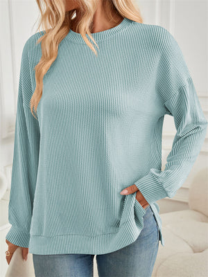 Women's Casual Solid Color Split Round Neck Long Sleeve T-Shirt