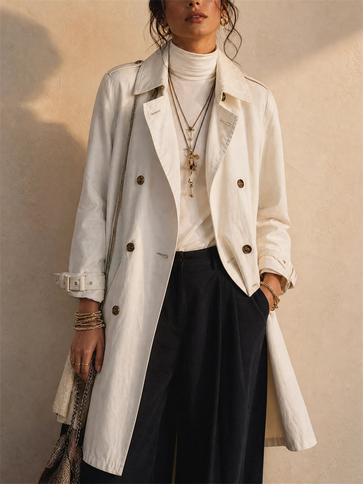 Women Classic Double Breasted Mid Length Trench Coat