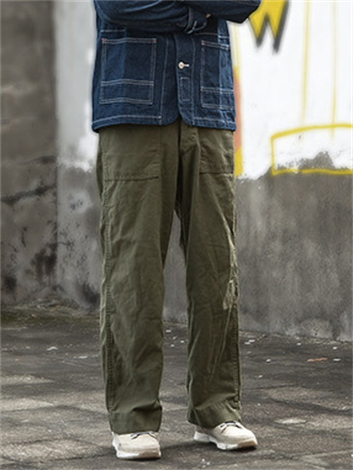 Men's Vintage Cotton Solid Color Mid-Waist Straight Cargo Trousers