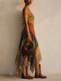 Women Boho Floral Patchwork Backless Handkerchief Hem Dress