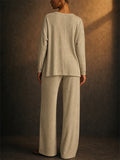 Women Ribbed Knit 2 Piece V Neck Drop Shoulder Wide Leg Pants Lounge Set