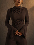 Womens Elegant Ruched Mock Neck Draped Flare Bell Sleeve Top