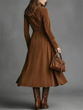 Retro Brown Suede Long Dress for Women with Zipper and Belt