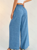 Women's Elegant Blue Solid Color High Rise Elastic Waist Wide Leg Pants