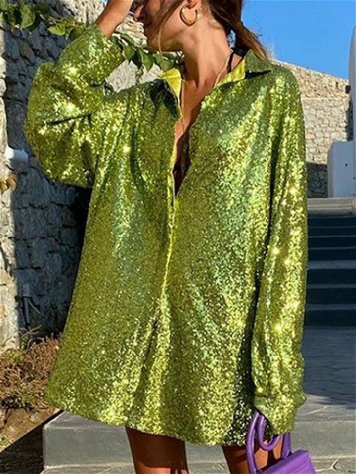 Women's Solid Color Bling Sequin Lapel Long Sleeve Blouses