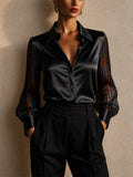 Women Satin Blouse Sheer Striped Mesh Sleeve Top