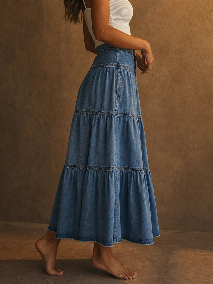 Women High Waist Boho Button Front Tiered Denim Maxi Skirt
