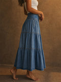 Women High Waist Boho Button Front Tiered Denim Maxi Skirt
