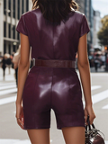 Women's Summer Faux Leather Wine Red Zip Up Lapel Jumpsuits