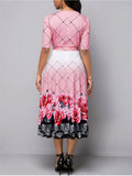 Women's Rose Printed Round Neck Short Sleeve Tie Waist Midi Dress
