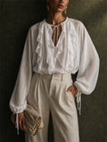 Womens Elegant Sheer Ruffle Tie V Neck Puff Sleeve Blouse