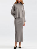 Elegant Crew Neck Knitted Sweater + Side Slit Skirt