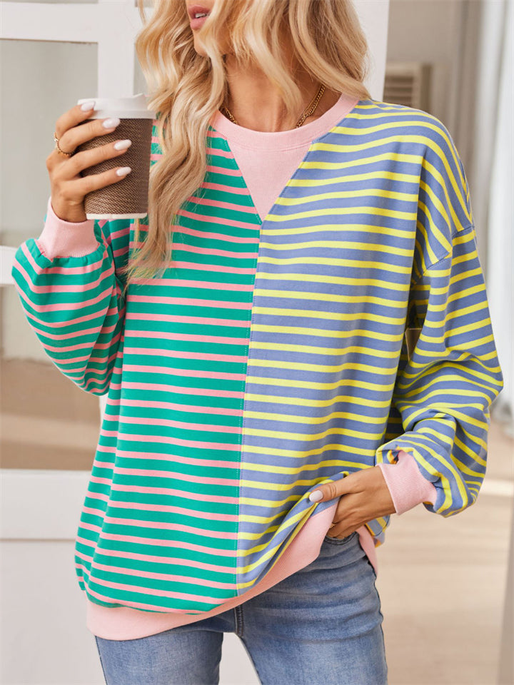 Women's Casual Contrast Color Stripe Long Sleeve Sweatshirts