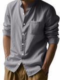 Men's Causal Linen Solid Color Pocket Long Sleeve Shirts