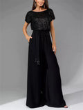 Fashion Sequin Short Sleeve Shirt Wide Leg Jumpsuit for Women