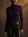 Womens Elegant Mock Neck Ruched Draped Long Sleeve Slim Top