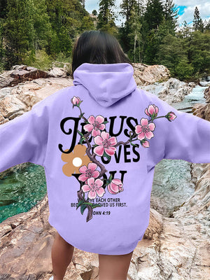 Women's Peach Flower Letter Print Oversized Hoodies with Pocket