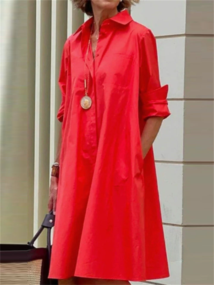 Women's Solid Color Pullover Lapel Knee Length Shirt Dress