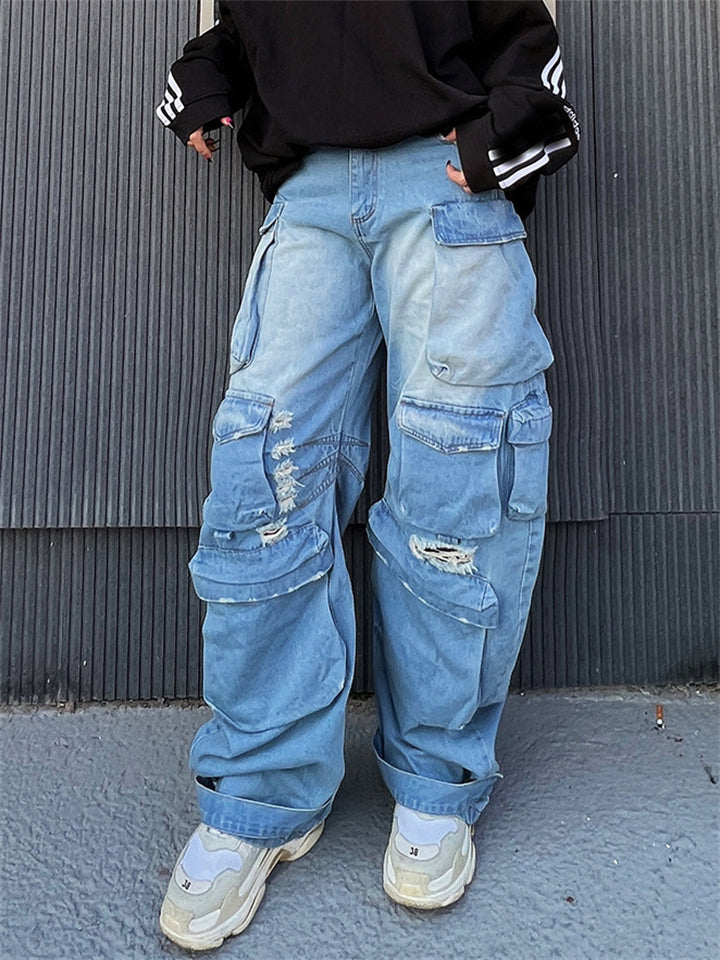 Women's Distressed Pockets Wide Leg Ripped Denim Pants