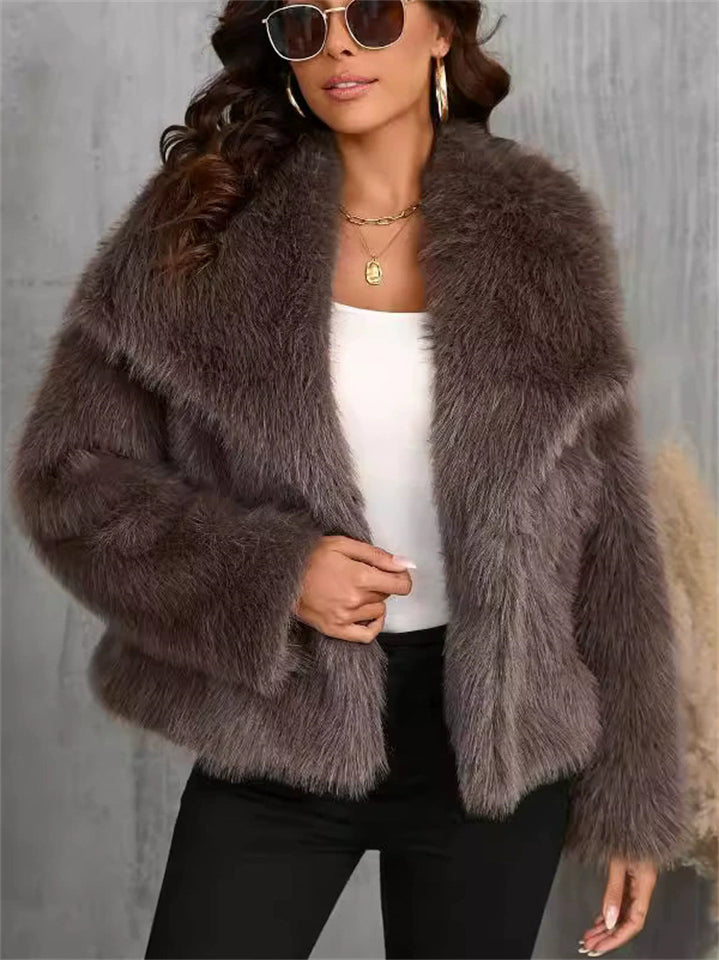 Women's Trendy Winter Solid Color Lapel Faux Fur Coats