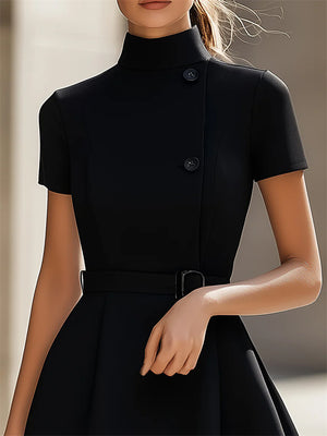 Female's Elegant Black High-Neck Dress with Belted Waist