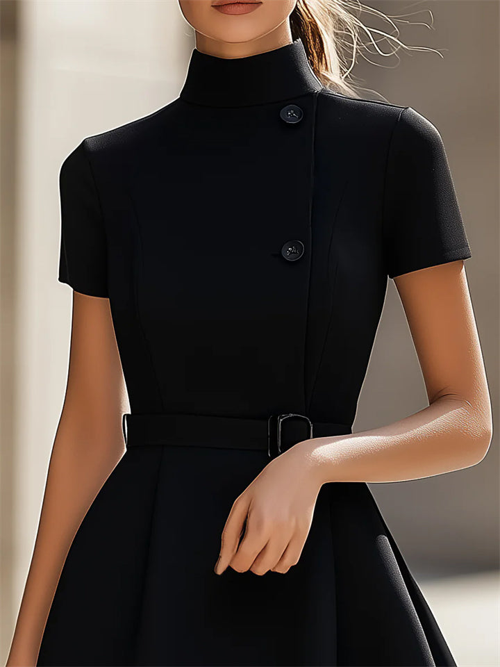 Female's Elegant Black High-Neck Dress with Belted Waist