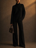 Women 2 Piece Cozy Ribbed Knit Turtleneck Top and Wide Leg Pants Set