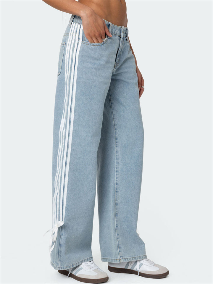 Women's Retro Mid Waist Side Stripe Straight Denim Pants