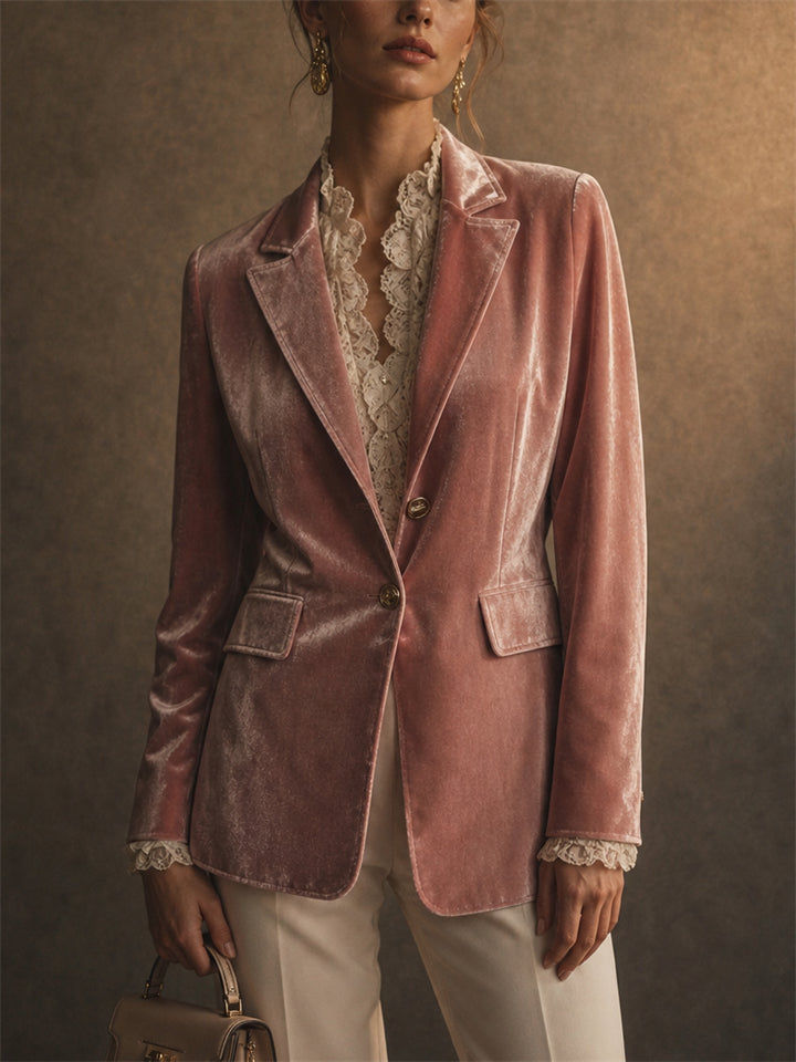 Women Elegant Dusty Pink Velvet Blazer Tailored Suit Jackets