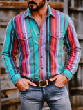 Men Striped Button Down Long Sleeve Chest Pocket Shirts