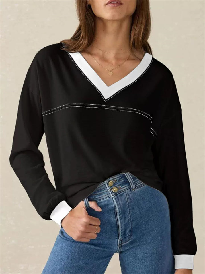 Women's Simple Contrast Trim V Neck Long Sleeve Sweatshirts