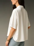 Ladies' Elegant Solid Color Pullover Lapel Half Sleeve Satin Blouse