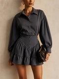 Women Plaid Long Sleeve Ruffle Top and Tiered Mini Shirt Set