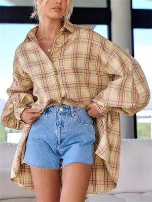 Women's Casual Plaid Puffed Long Sleeve Blouses