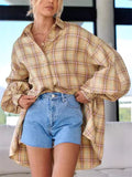 Women's Casual Plaid Puffed Long Sleeve Blouses