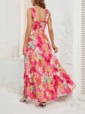 Female Holiday Floral Leaf Print Sleeveless Pleated Dress