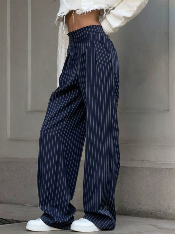Women's Navy Blue Stripe Mid-Rise Straight Office Wide Leg Pants